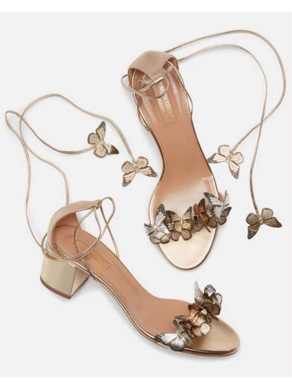 Aquazzura Papillon Sandal 50 Ankle Strap Block Heel Gold Butterfly EU 40 US 10